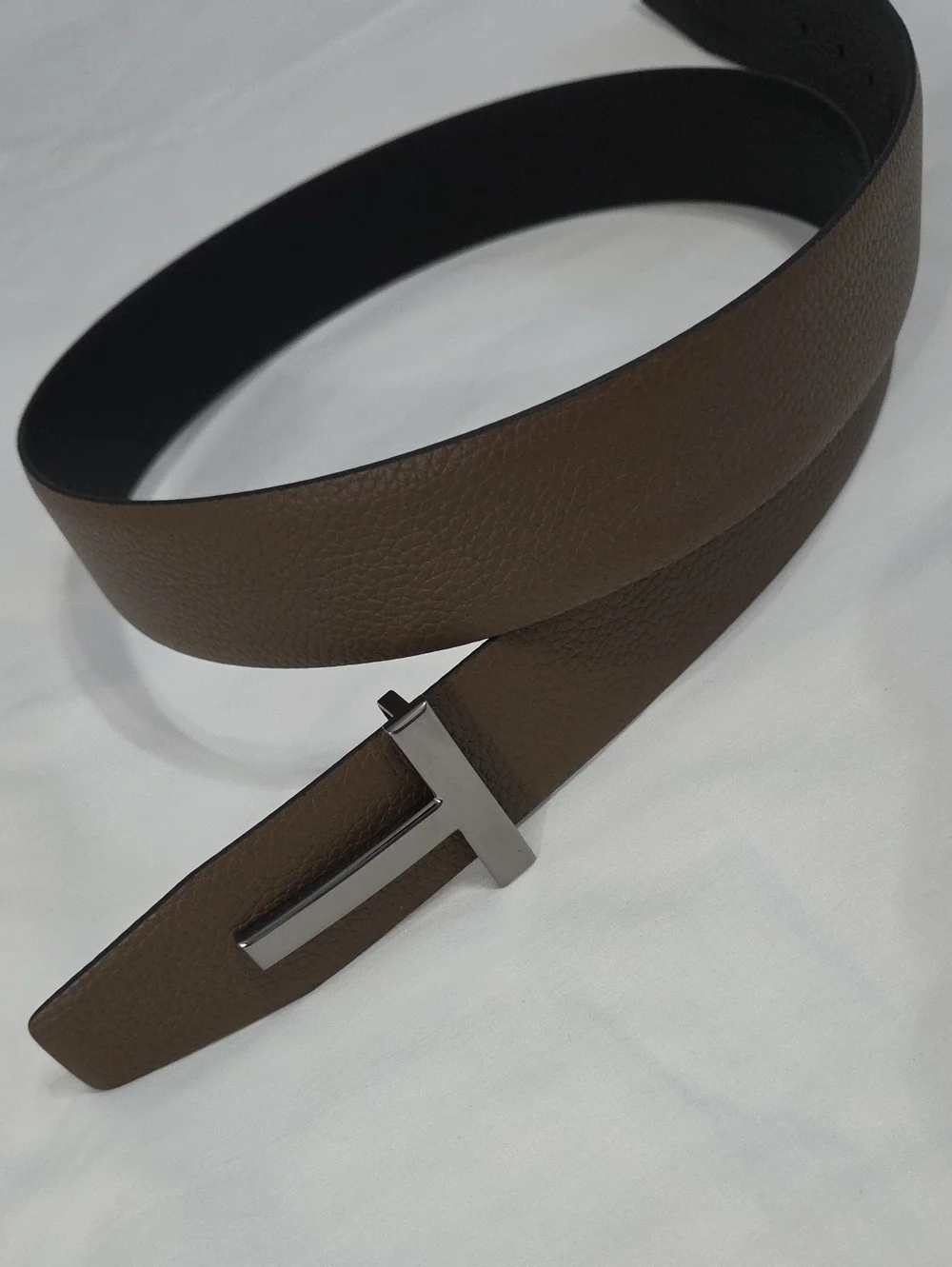 Tom Ford Black & Brown Leather Belt with Black Chrome T Accent